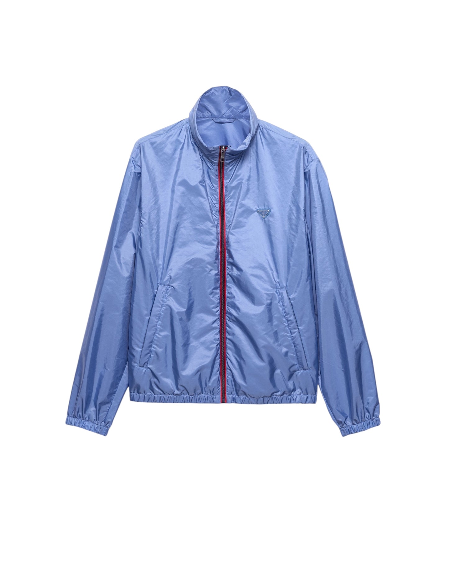 Veste MAISON LUXURY Prada en Re-Nylon bleu clair avec fermeture éclair rouge contrastante et logo triangulaire