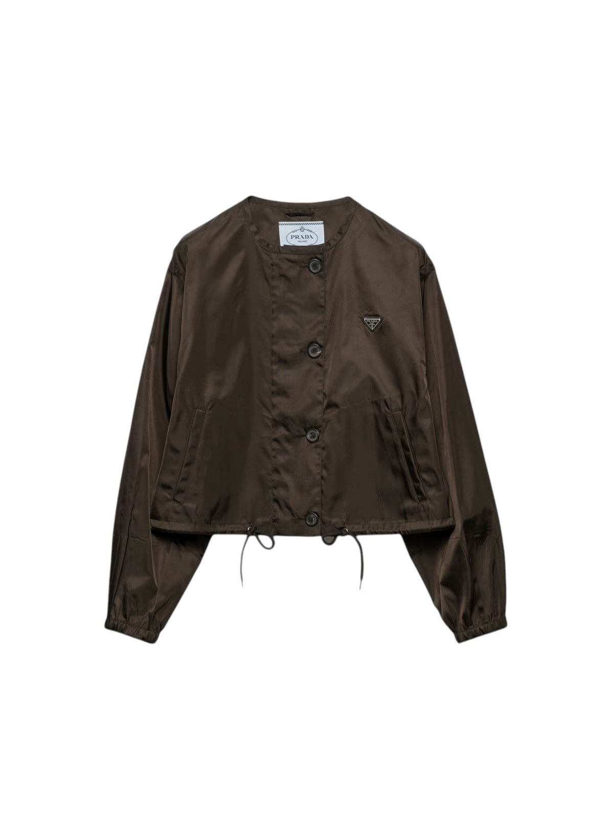 Blouson MAISON LUXURY Prada en Re-Nylon marron avec fermeture boutonnée et logo triangulaire en métal émaillé