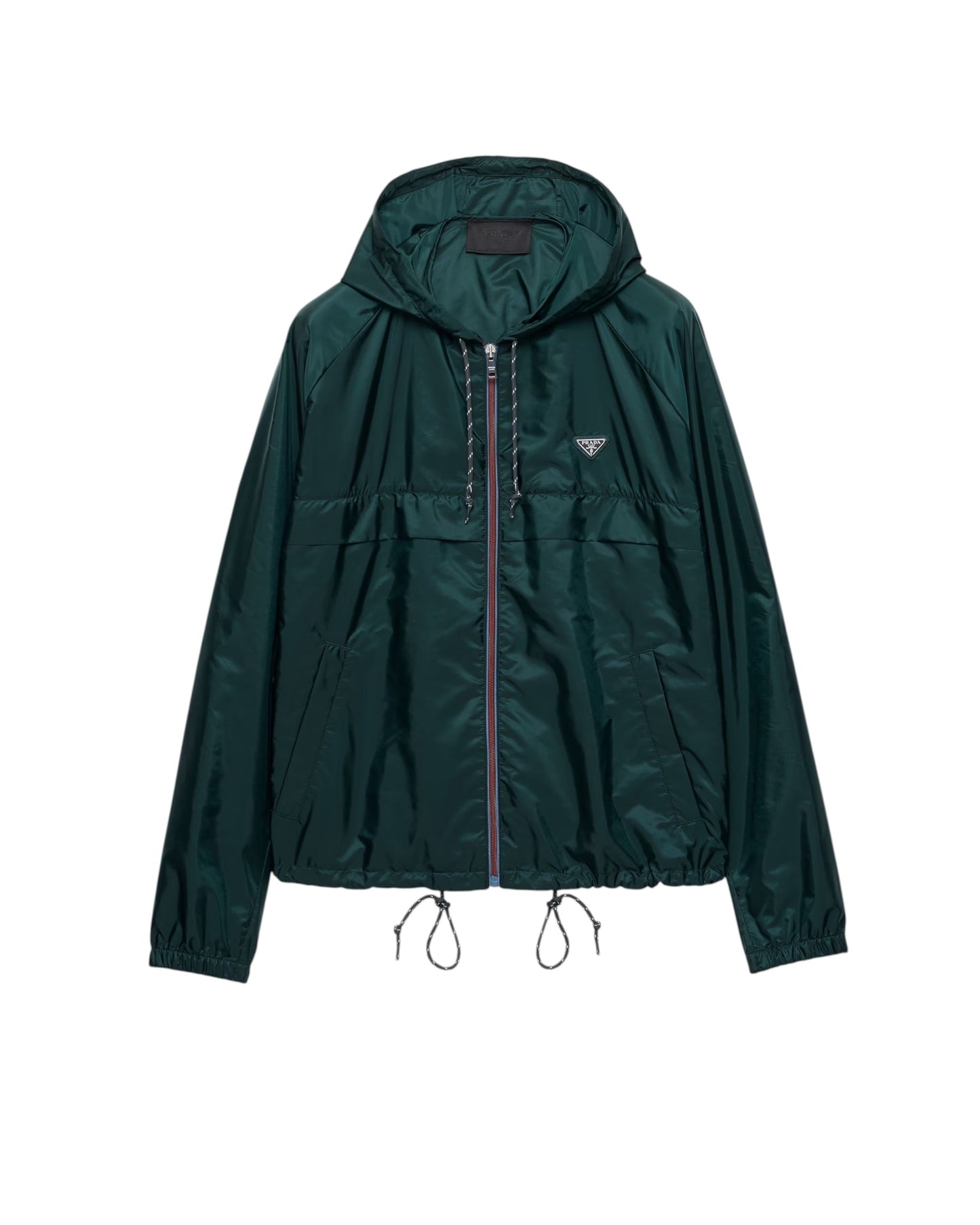 Blouson MAISON LUXURY Prada en Re-Nylon vert bouteille avec capuche, fermeture zippée et logo triangulaire en métal