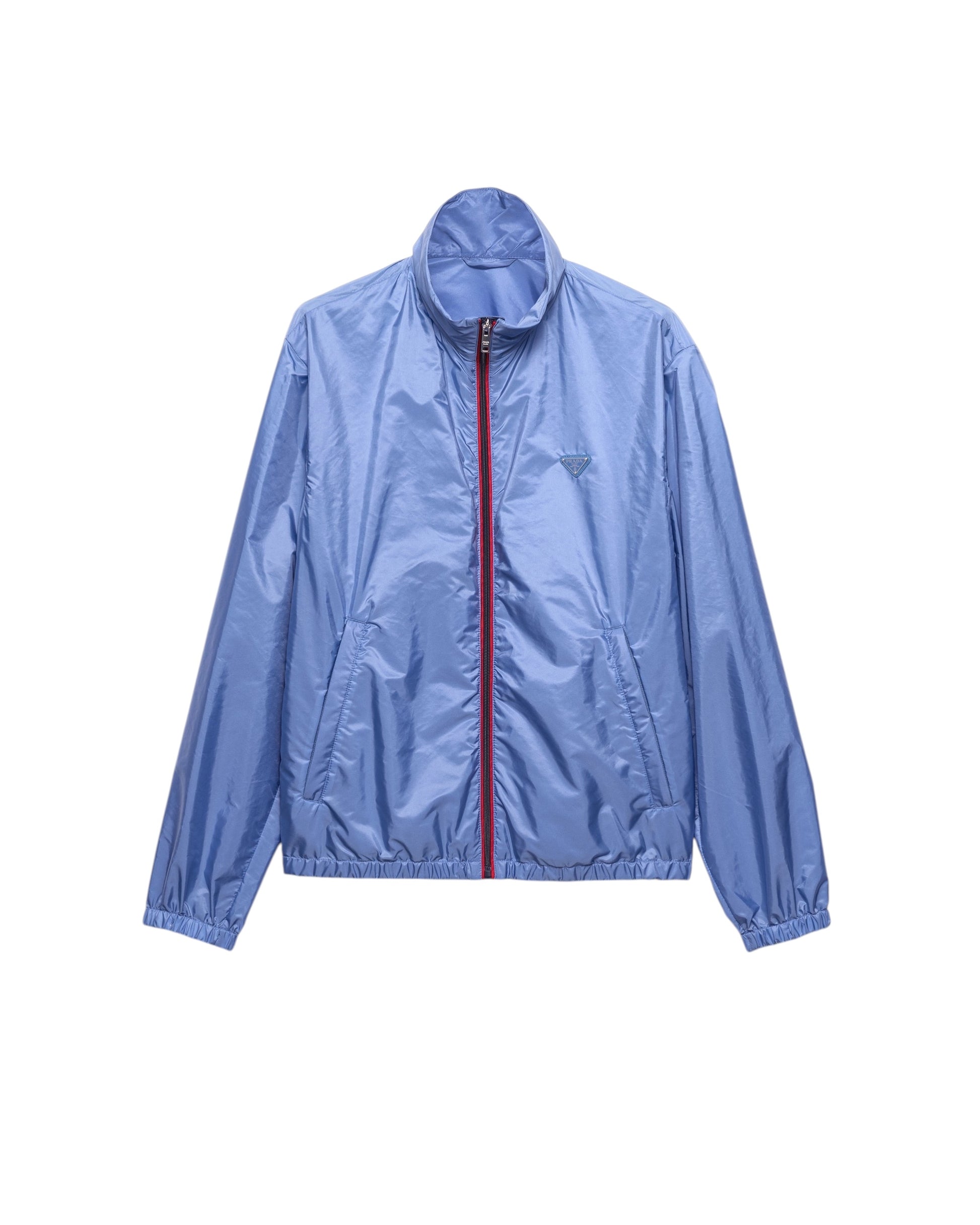 Veste MAISON LUXURY Prada en Re-Nylon bleu clair avec fermeture éclair rouge contrastante et logo triangulaire
