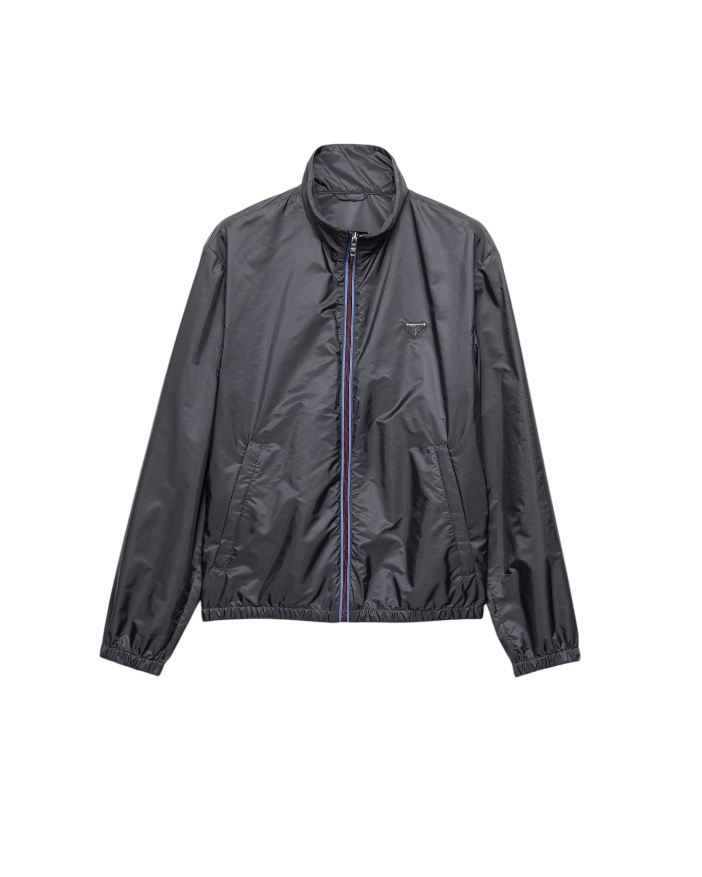 Veste MAISON LUXURY Prada en Re-Nylon gris fer avec fermeture éclair contrastante bleu clair et logo triangulaire