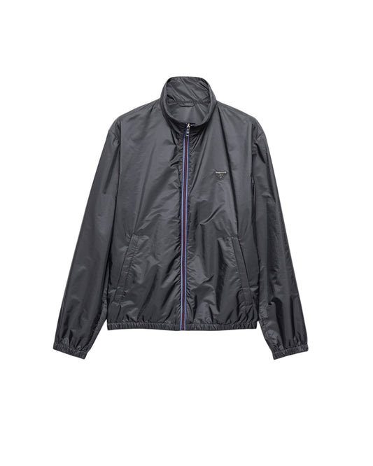 Veste MAISON LUXURY Prada en Re-Nylon gris fer avec fermeture éclair contrastante bleu clair et logo triangulaire