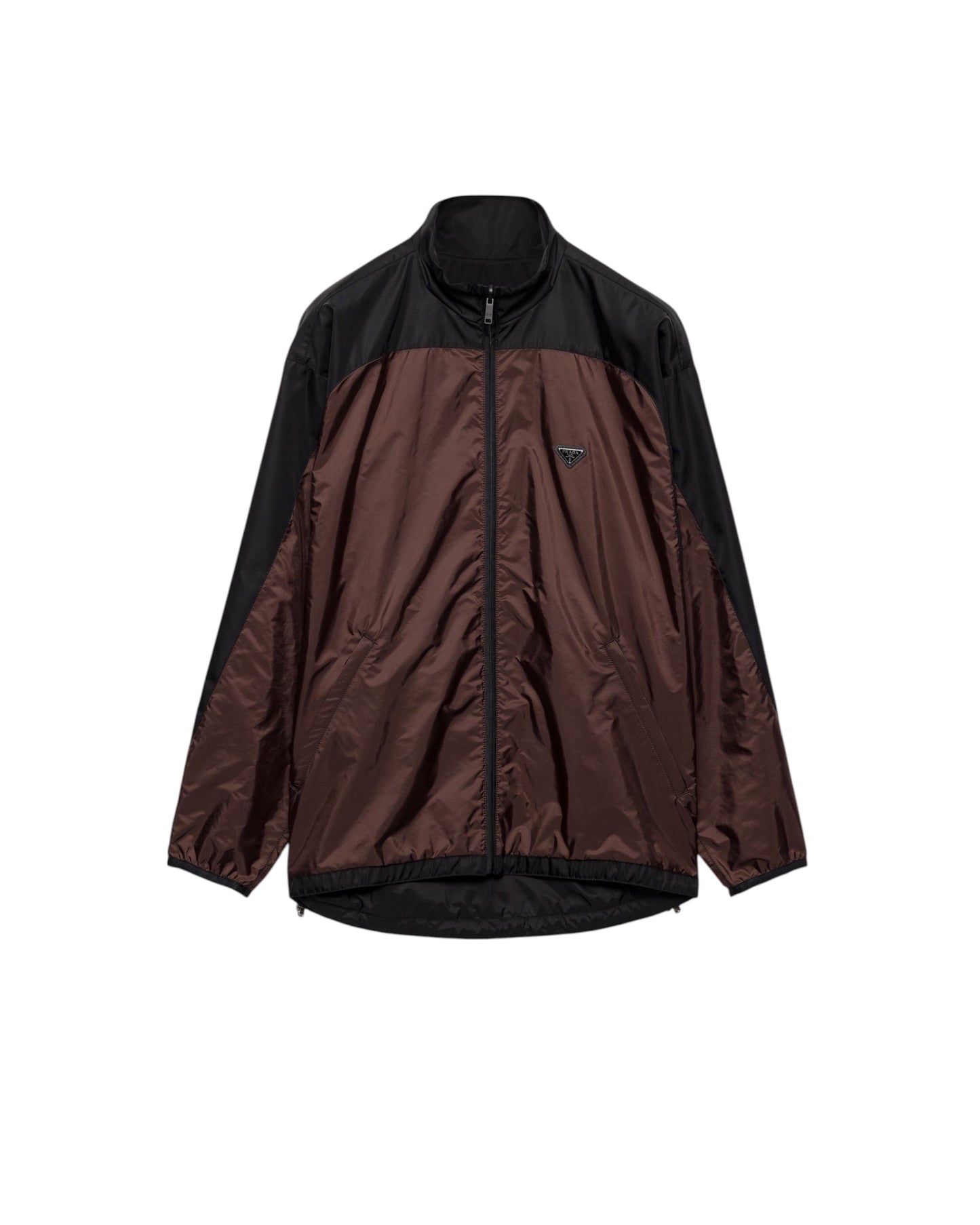 Veste réversible MAISON LUXURY en Re-Nylon marron cacao et noir avec col montant, fermeture zippée et logo triangulaire
